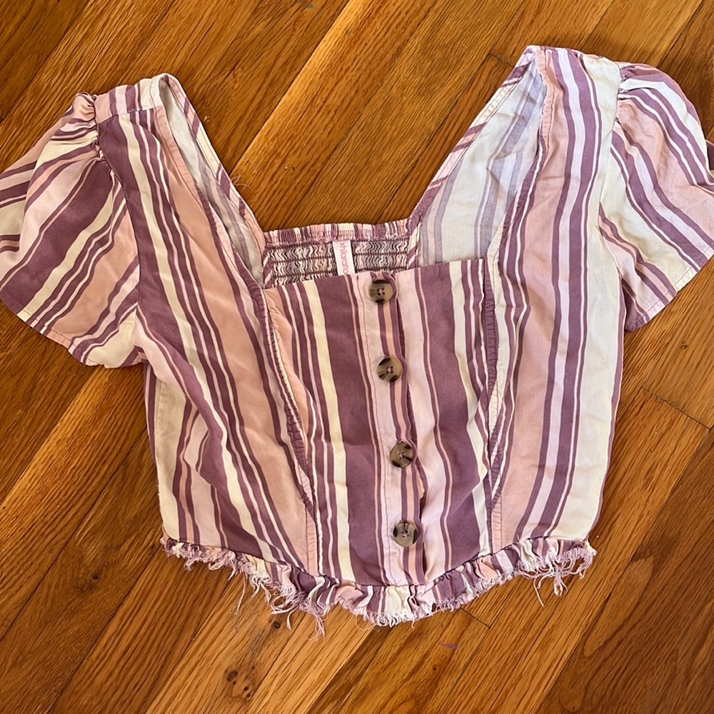 Purple striped button blouse, cropped